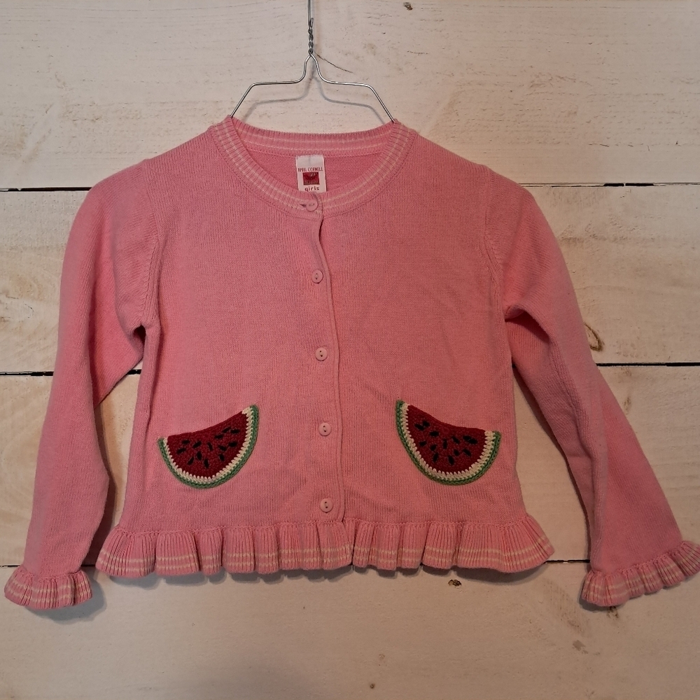 April Cornell Girls Size 6 Pink Watermelon Cardigan Sweater Ruffle Bottom